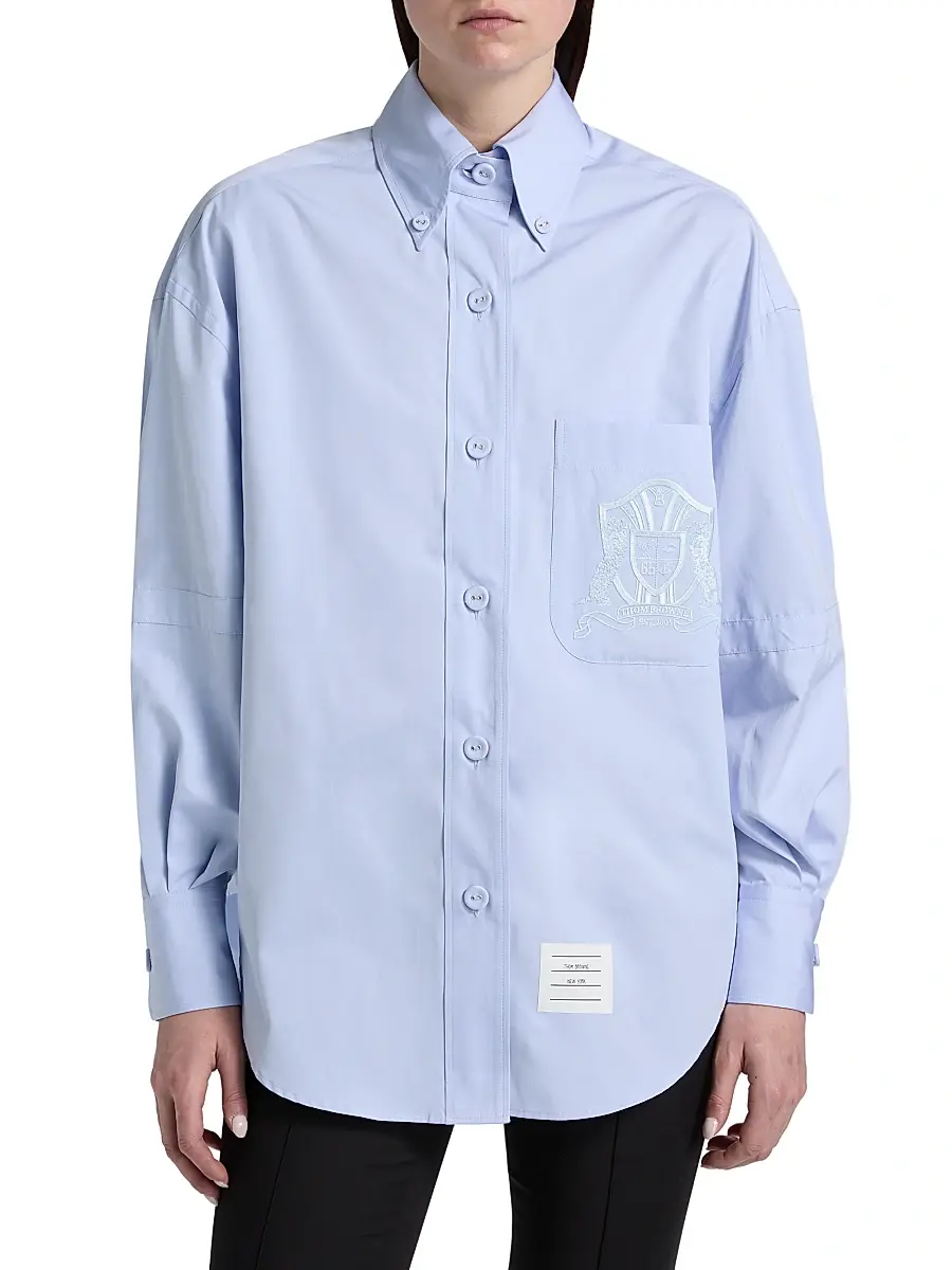 Thom Browne Women's Supersized Embroidered Crest Button-Down Shirt | Thumbnail 3 Thom Browne Women's Supersized Embroidered Crest Button-Down Shirt | Thumbnail 3