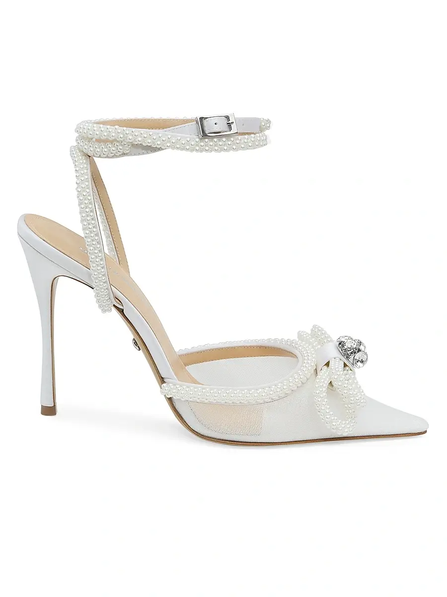 Mach & Mach Women's 110MM Embellished Double Bow Mesh Pumps - White | Image 1 Mach & Mach Women's 110MM Embellished Double Bow Mesh Pumps - White | Image 1