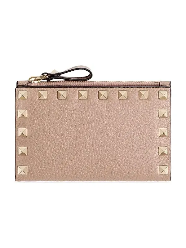 Women's Rockstud Grainy Calfskin Cardholder with Zipper - Poudre Pink Women's Rockstud Grainy Calfskin Cardholder with Zipper - Poudre Pink