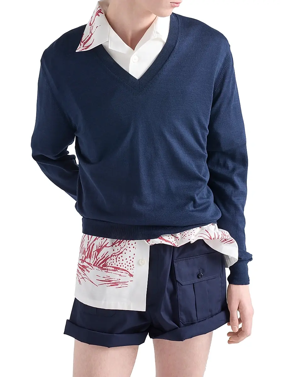 Prada Men's V-Neck Cotton Sweater - Blue | Thumbnail 2