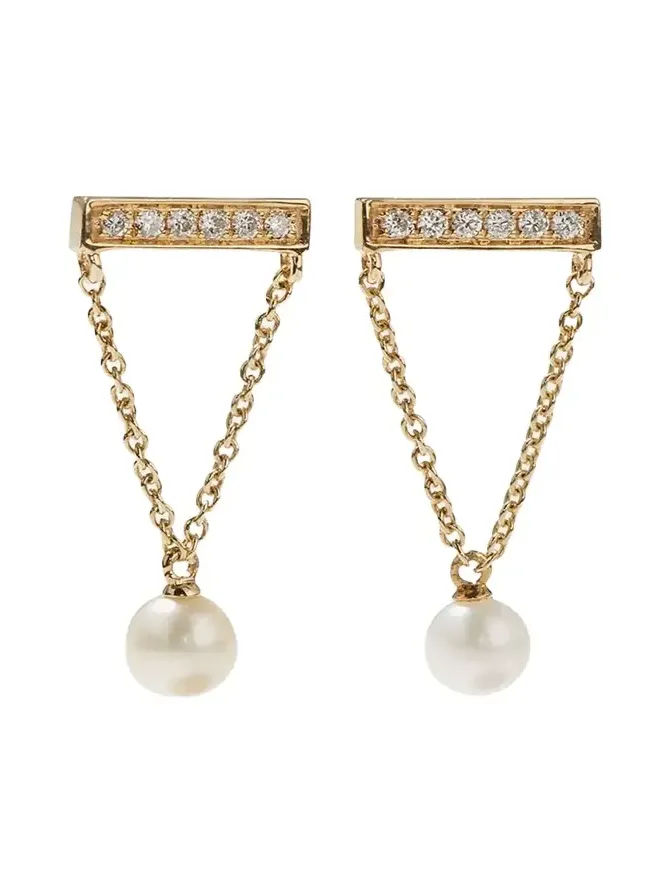 14k Diamond Bar & Pearl Earrings