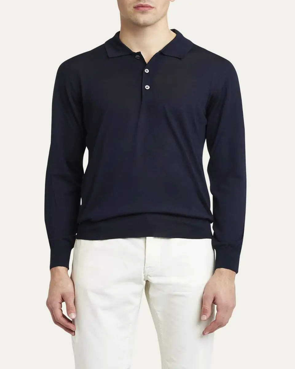 Brioni Men's Wool/Cashmere-Blend Long-Sleeve Polo Sweater | Thumbnail 5