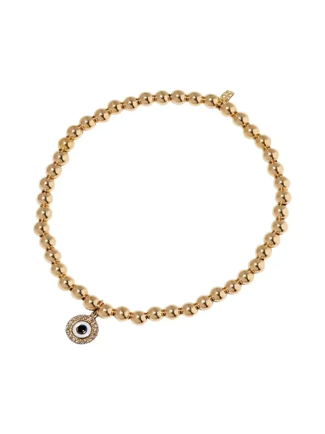 14k Gold 4mm Bead & Diamond Evil Eye Bracelet