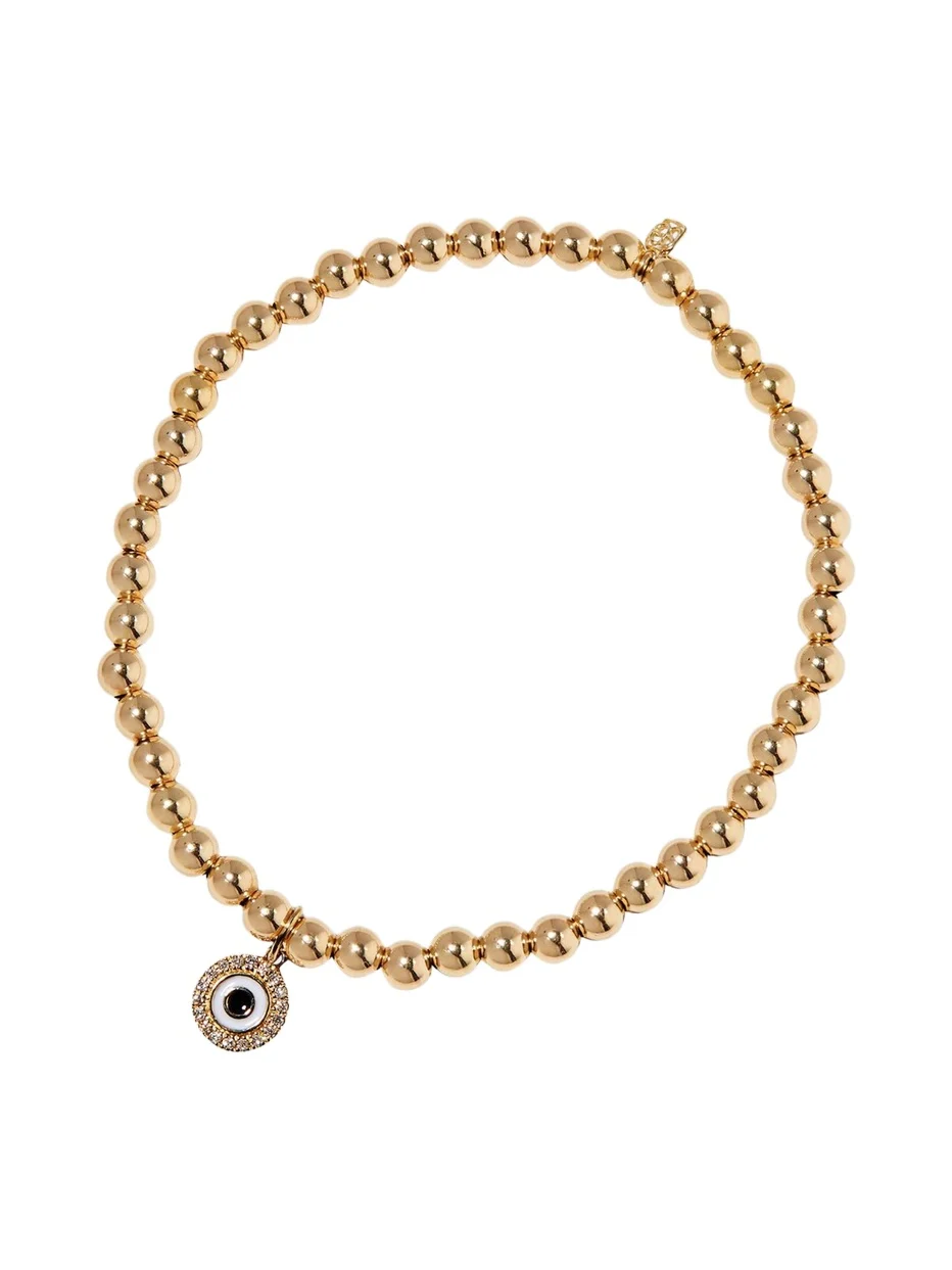 14k Gold 4mm Bead & Diamond Evil Eye Bracelet