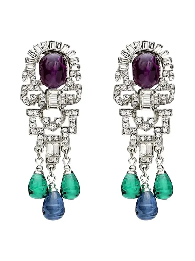 ben-amun Silver Crystal Oval Topa and Emerald Sapphire Drop Clip-On Earrings