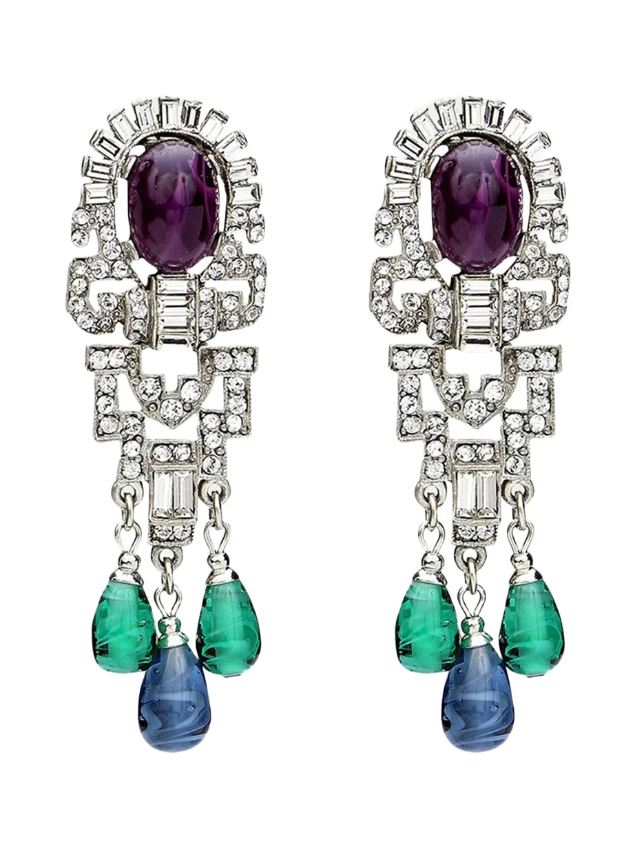 ben-amun Silver Crystal Oval Topa and Emerald Sapphire Drop Clip-On Earrings