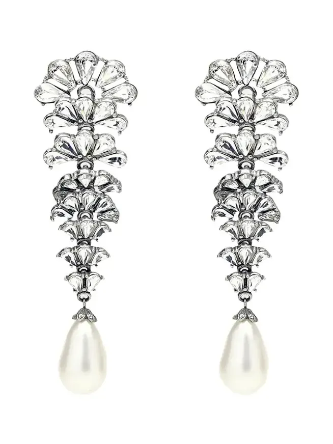 Crystal Fan Earrings w/ Pearly Teardrop
