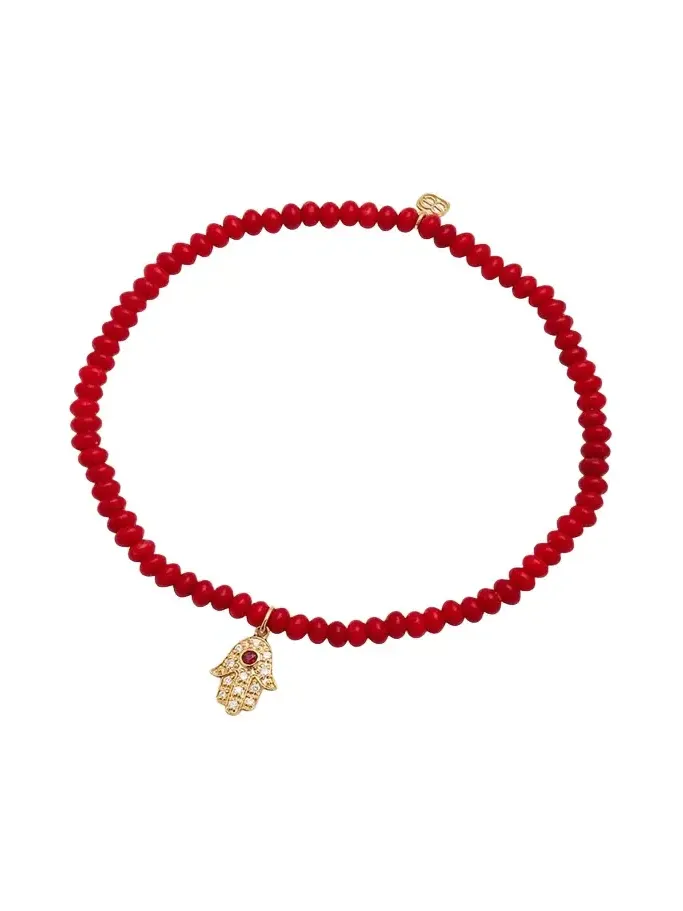 3mm Beaded Coral Bracelet with Diamond Hamsa Pendant