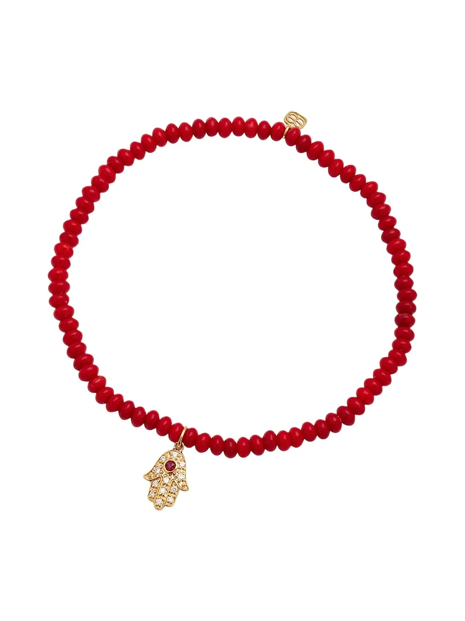 Sydney Evan 3mm Beaded Coral Bracelet with Diamond Hamsa Pendant