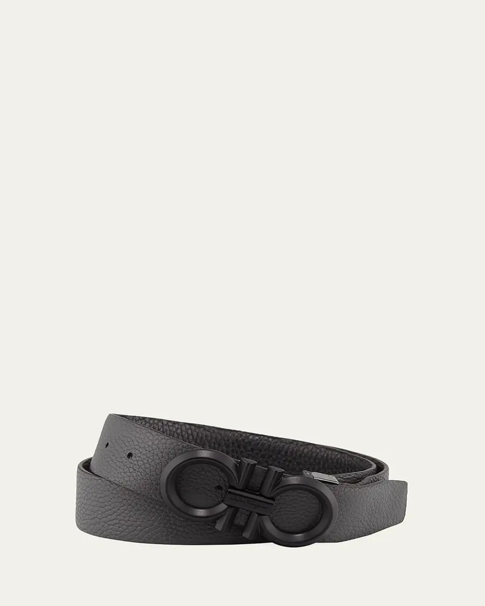 Ferragamo Men's Reversible Textured Leather Belt with Beveled Gancini Buckle | Thumbnail 3 Ferragamo Men's Reversible Textured Leather Belt with Beveled Gancini Buckle | Thumbnail 3