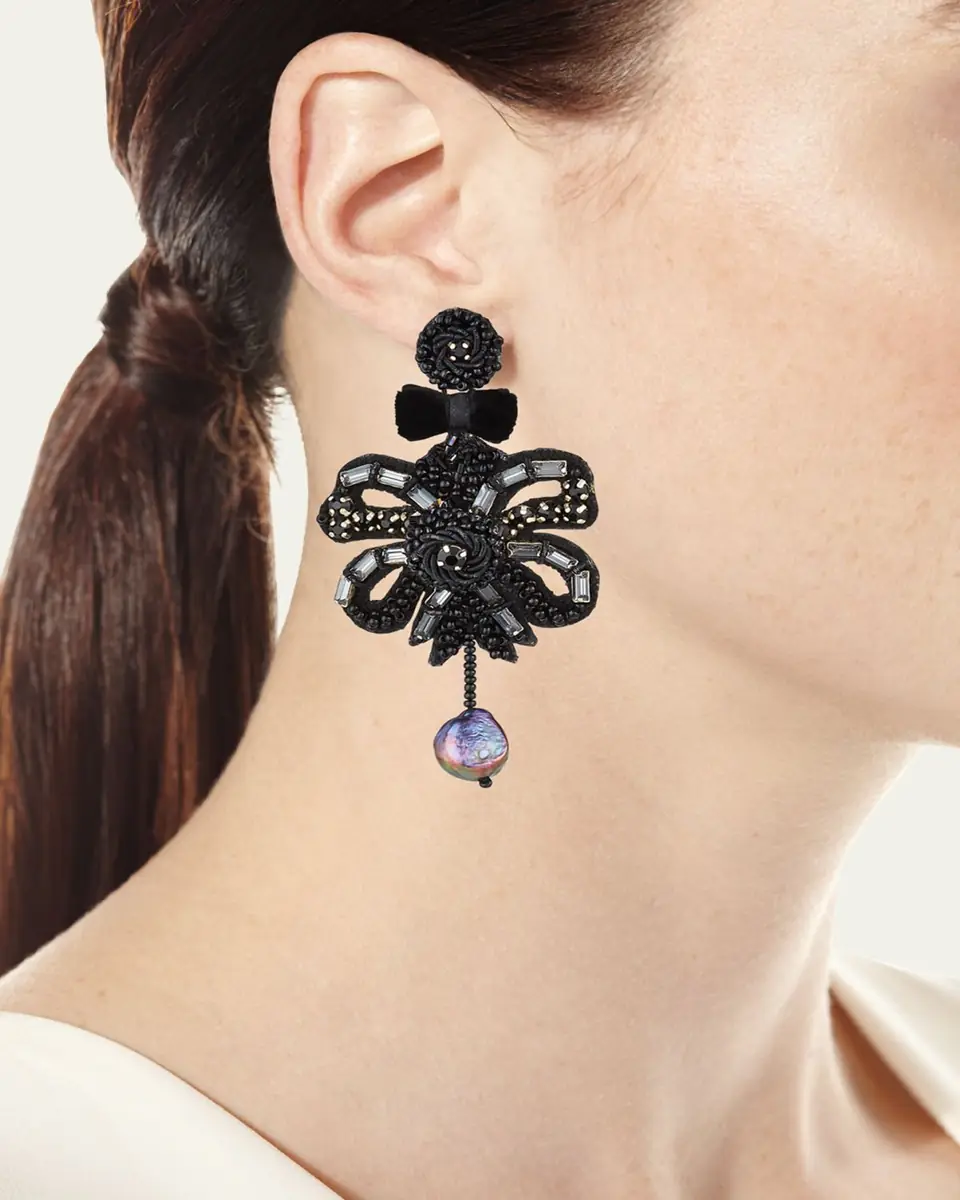 RANJANA KHAN Clip-On Bow Dangle Earrings with Pearl | Thumbnail 2
