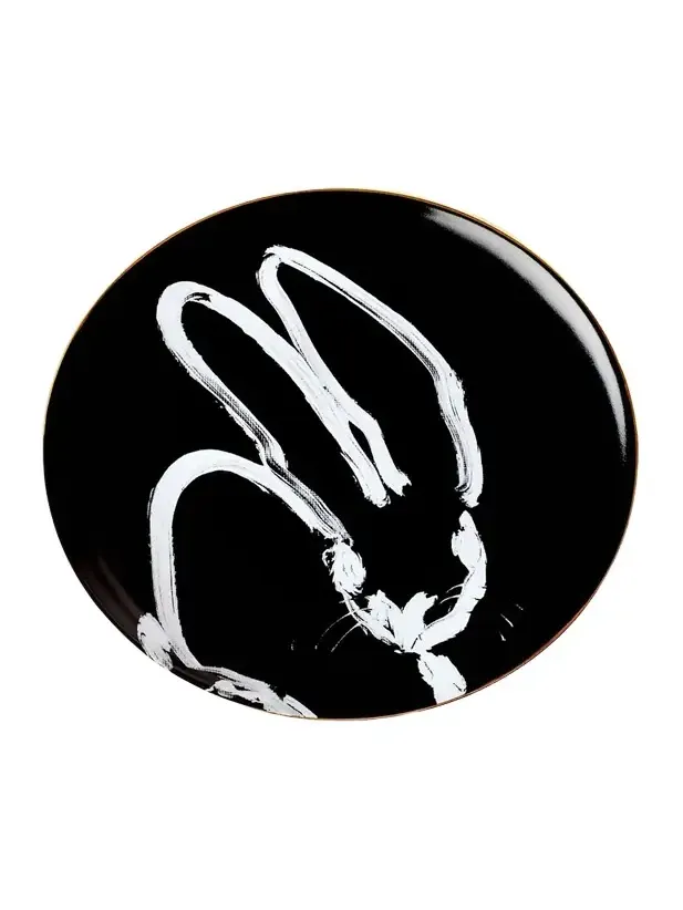 Hunt Slonem Rabbit Run Dinner Plate with Gold Rim - Black