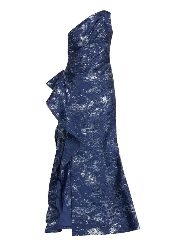 Metallic Jacquard One-Shoulder Side-Ruffle Gown