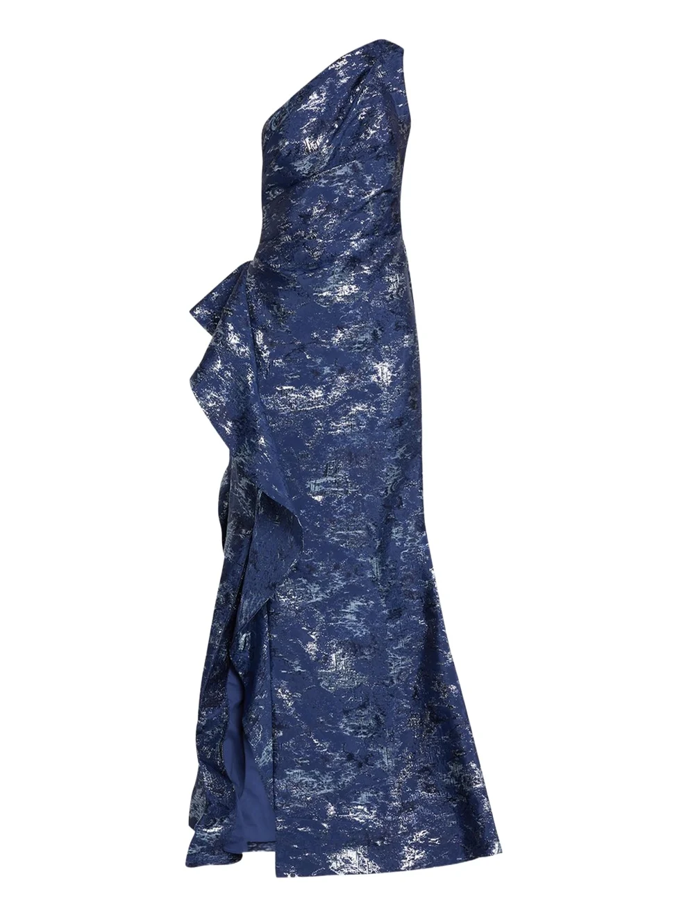 Metallic Jacquard One-Shoulder Side-Ruffle Gown Metallic Jacquard One-Shoulder Side-Ruffle Gown
