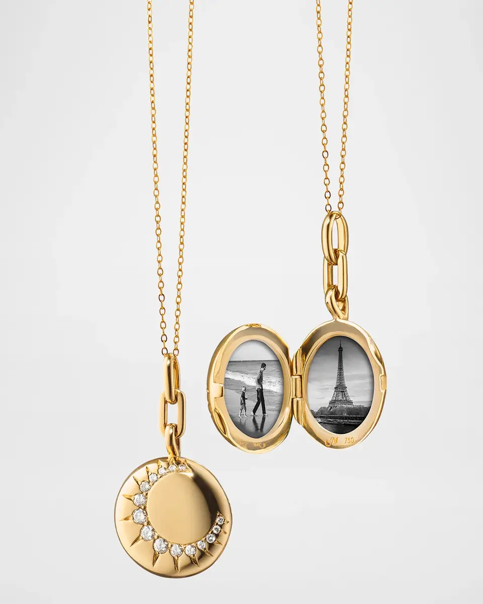 MONICA RICH KOSANN 18K Gold Round Sun Locket with Diamonds on a 17" Delicate Belcher Chain | Thumbnail 2 MONICA RICH KOSANN 18K Gold Round Sun Locket with Diamonds on a 17" Delicate Belcher Chain | Thumbnail 2