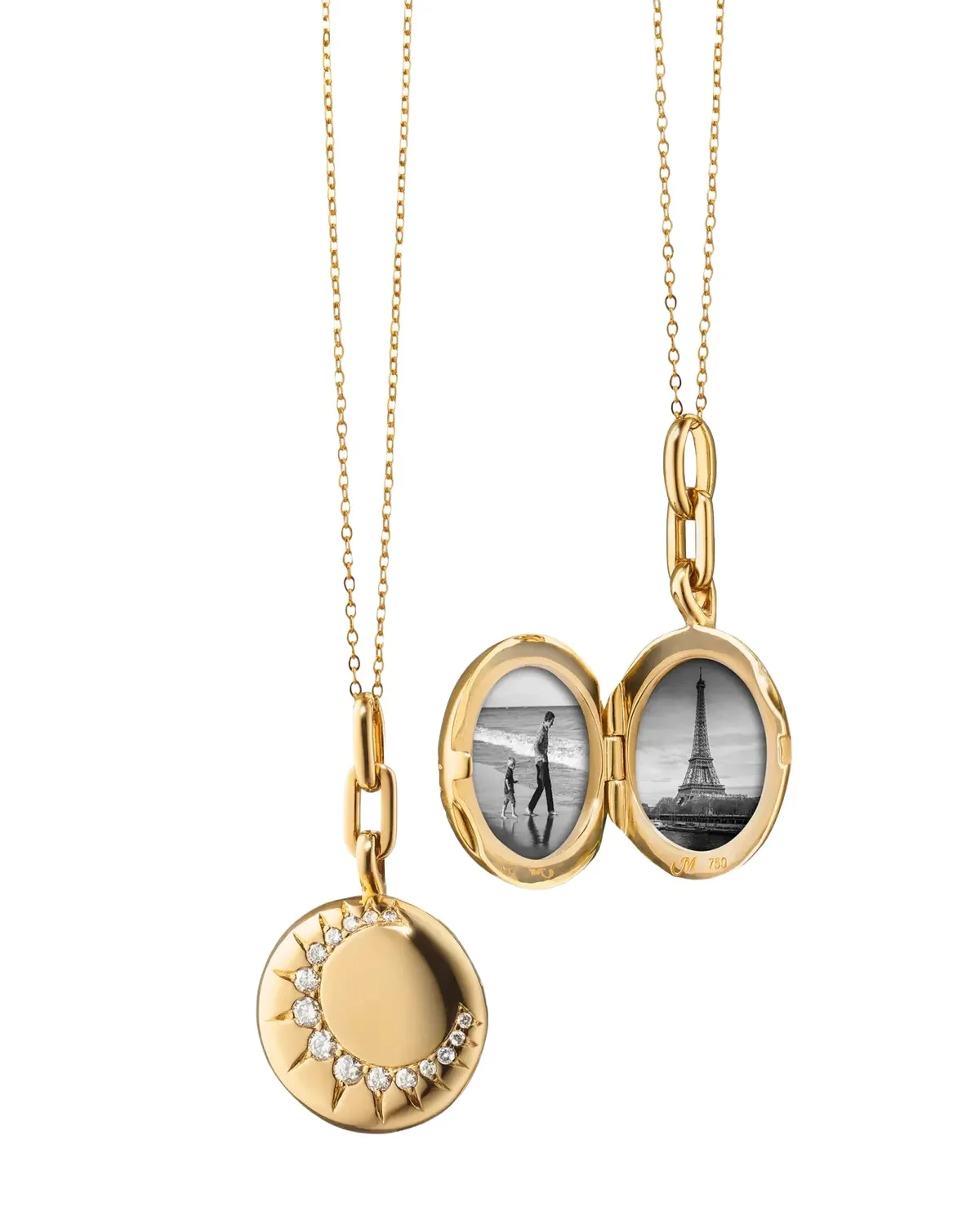 18K Gold Round Sun Locket with Diamonds on a 17" Delicate Belcher Chain 18K Gold Round Sun Locket with Diamonds on a 17" Delicate Belcher Chain