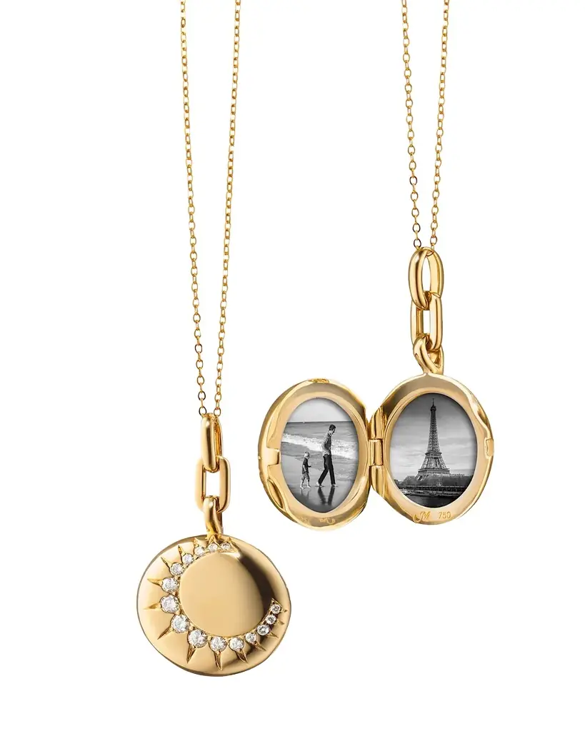 MONICA RICH KOSANN 18K Gold Round Sun Locket with Diamonds on a 17" Delicate Belcher Chain | Image 1 MONICA RICH KOSANN 18K Gold Round Sun Locket with Diamonds on a 17" Delicate Belcher Chain | Image 1