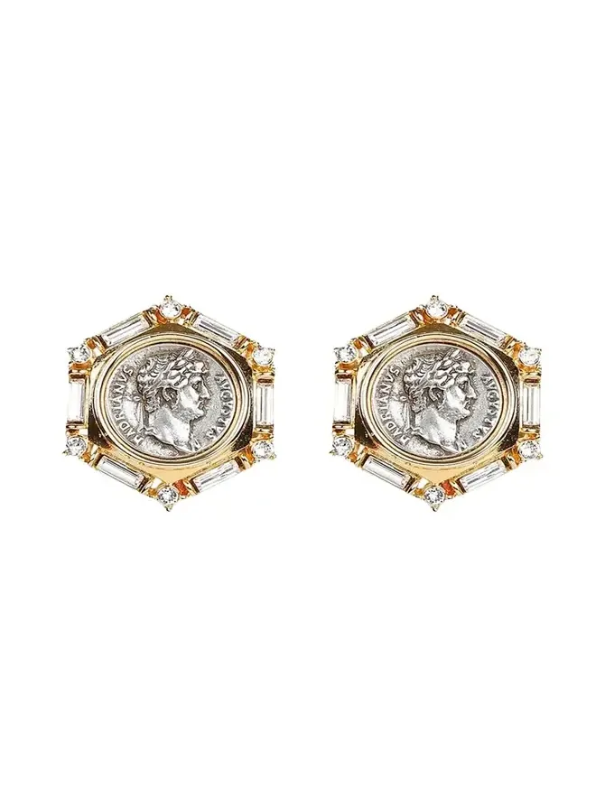 Roman Coin and Crystal Clip Earrings