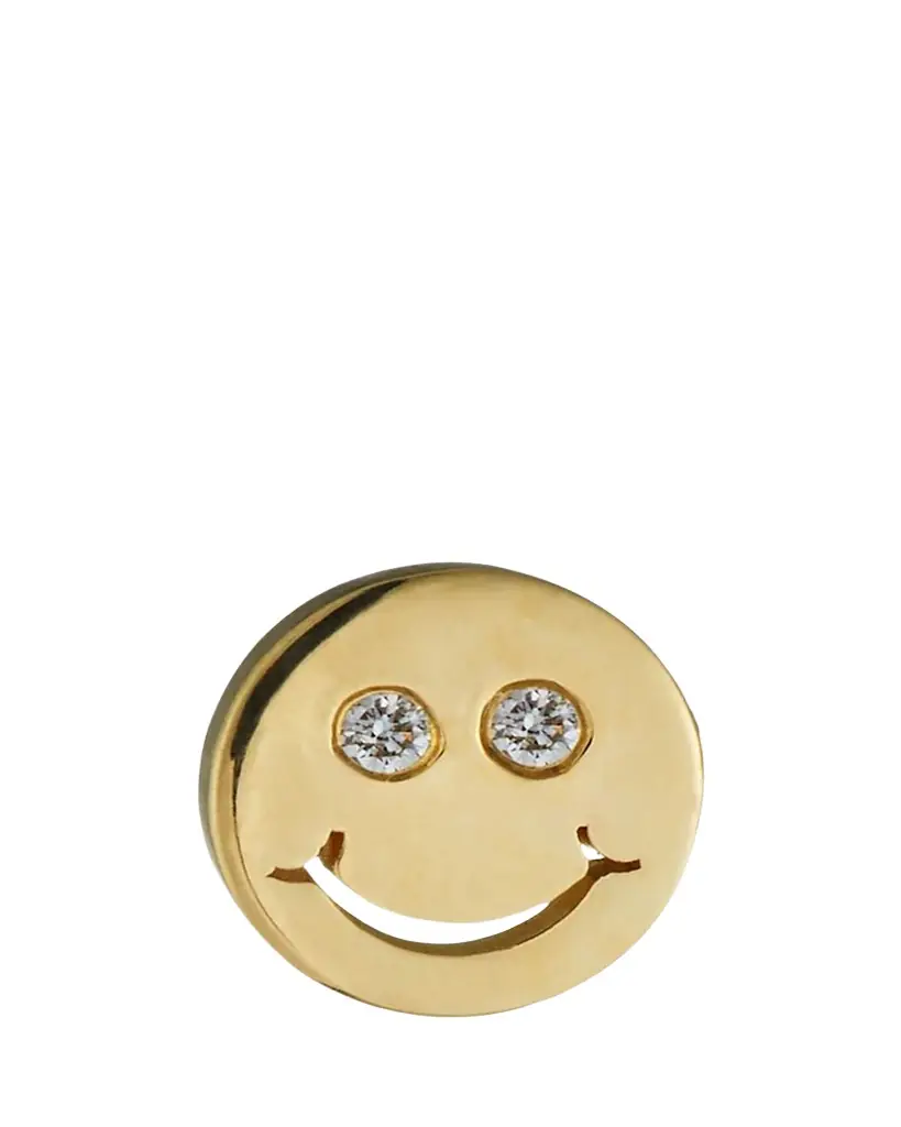14k Diamond Happy Face Stud Earring, Single 14k Diamond Happy Face Stud Earring, Single
