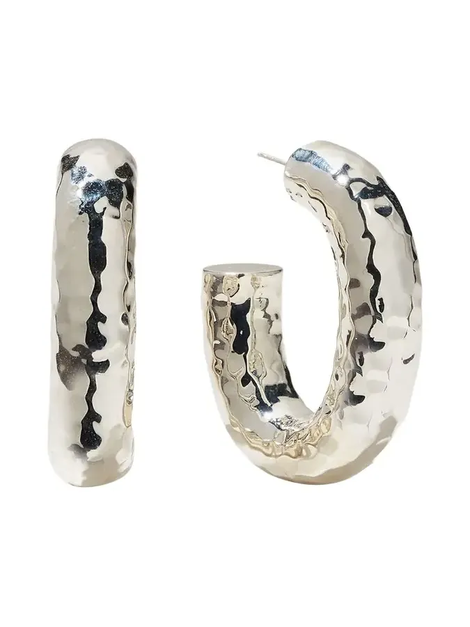 Thick Hammered Oval Hoop Earring in Sterling Silver