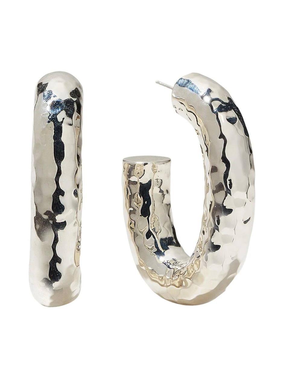 Thick Hammered Oval Hoop Earring in Sterling Silver