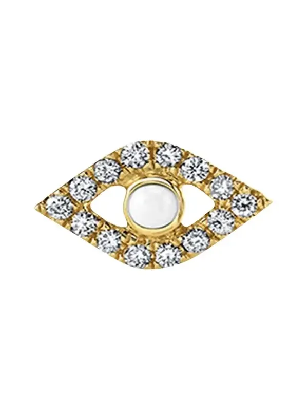 14k Pearl Stud Diamond Evil Eye Earring, Single 14k Pearl Stud Diamond Evil Eye Earring, Single