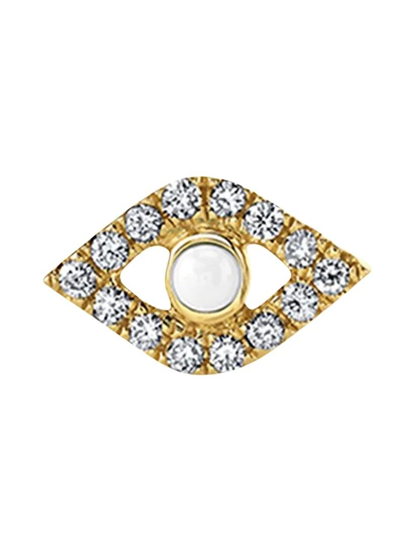 14k Pearl Stud Diamond Evil Eye Earring, Single 14k Pearl Stud Diamond Evil Eye Earring, Single