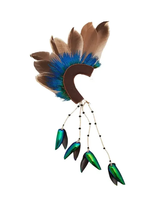 RANJANA KHAN Feathered Ear Cuff with Beetle Wing Tassel, Single
