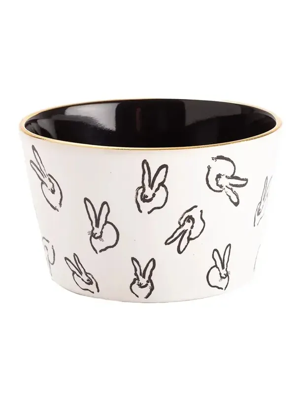 Hunt Slonem Bunny Bar Bowl White with Black Interior