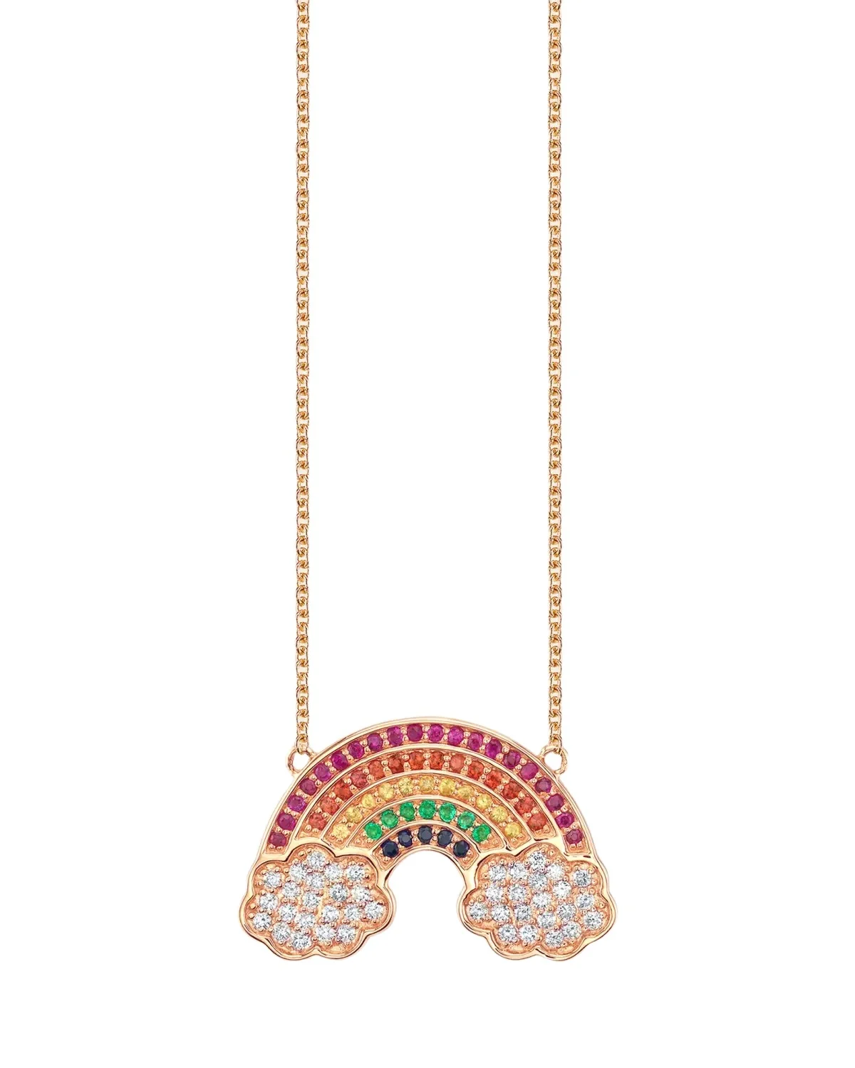 Sydney Evan 14K Large Pave Rainbow with Clouds Pendant Necklace