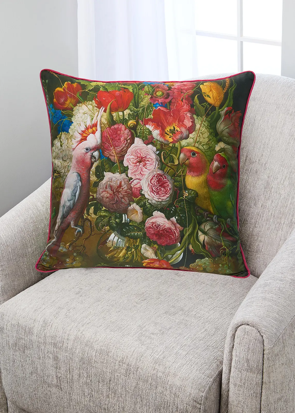 Yana Movchan Floral With Love Birds Silk Pillow
