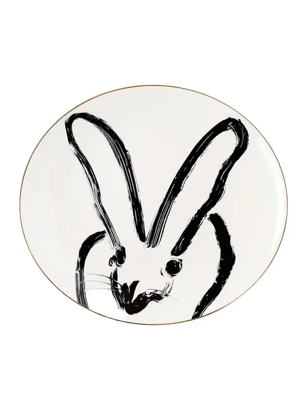 Hunt Slonem Rabbit Run Dinner Plate with Gold Rim - White