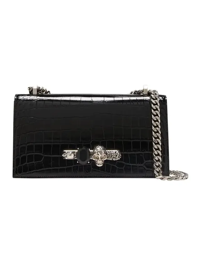 Shiny Croc-Embossed Jeweled Shoulder Bag