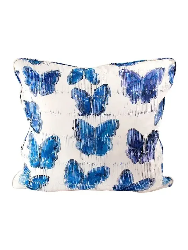 Hunt Slonem Butterflies In Blue Cotton Pillow, 22"