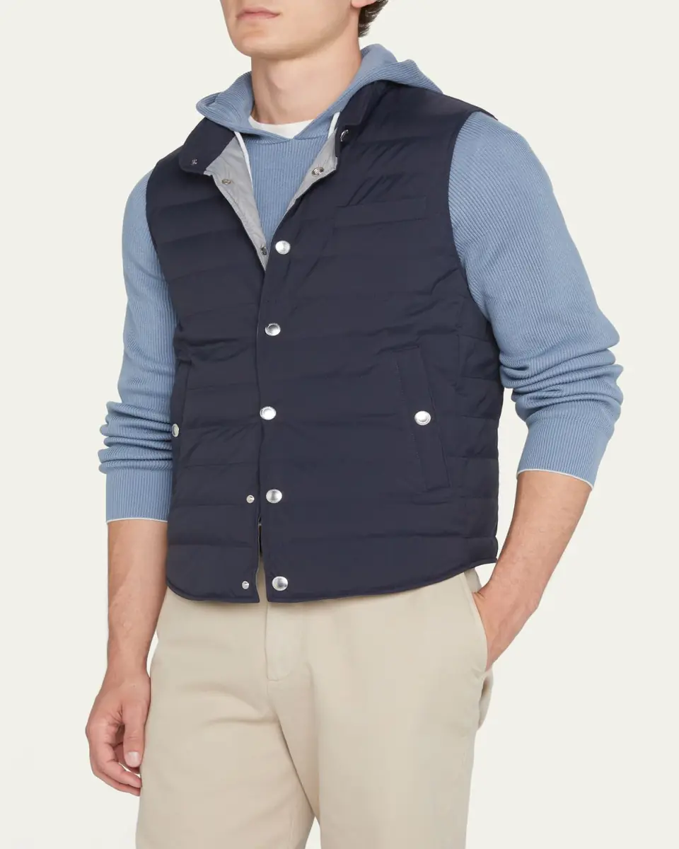 Brunello Cucinelli Men's Snap-Front Quilted Down Vest | Thumbnail 4