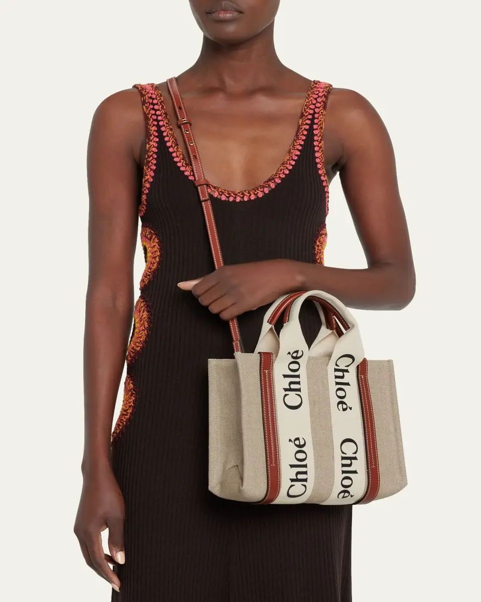 Chloé Woody Small Tote Bag in Linen with Crossbody Strap | Thumbnail 2 Chloé Woody Small Tote Bag in Linen with Crossbody Strap | Thumbnail 2