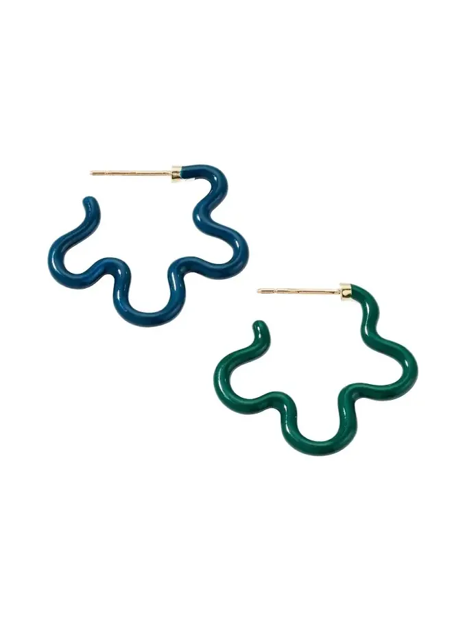 Two-Tone Asymmetrical Flower Small Hoop Earrings in Emerald and Teal Enamel Two-Tone Asymmetrical Flower Small Hoop Earrings in Emerald and Teal Enamel