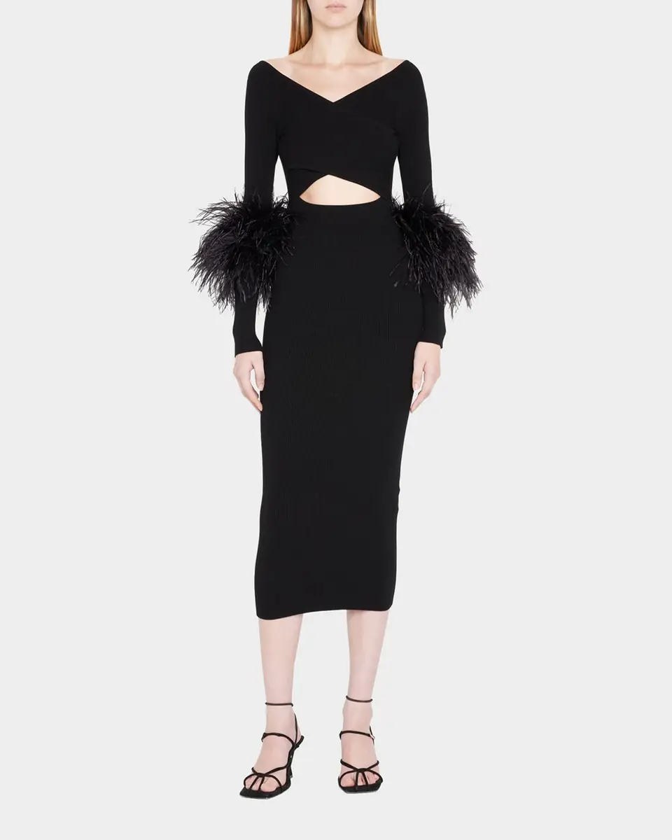 LAPOINTE Criss-Cross Cutout Midi Dress w/ Feather Trim | Thumbnail 3 LAPOINTE Criss-Cross Cutout Midi Dress w/ Feather Trim | Thumbnail 3