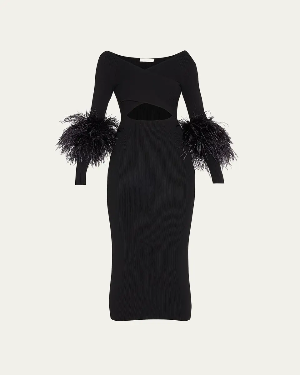 LAPOINTE Criss-Cross Cutout Midi Dress w/ Feather Trim | Thumbnail 5 LAPOINTE Criss-Cross Cutout Midi Dress w/ Feather Trim | Thumbnail 5
