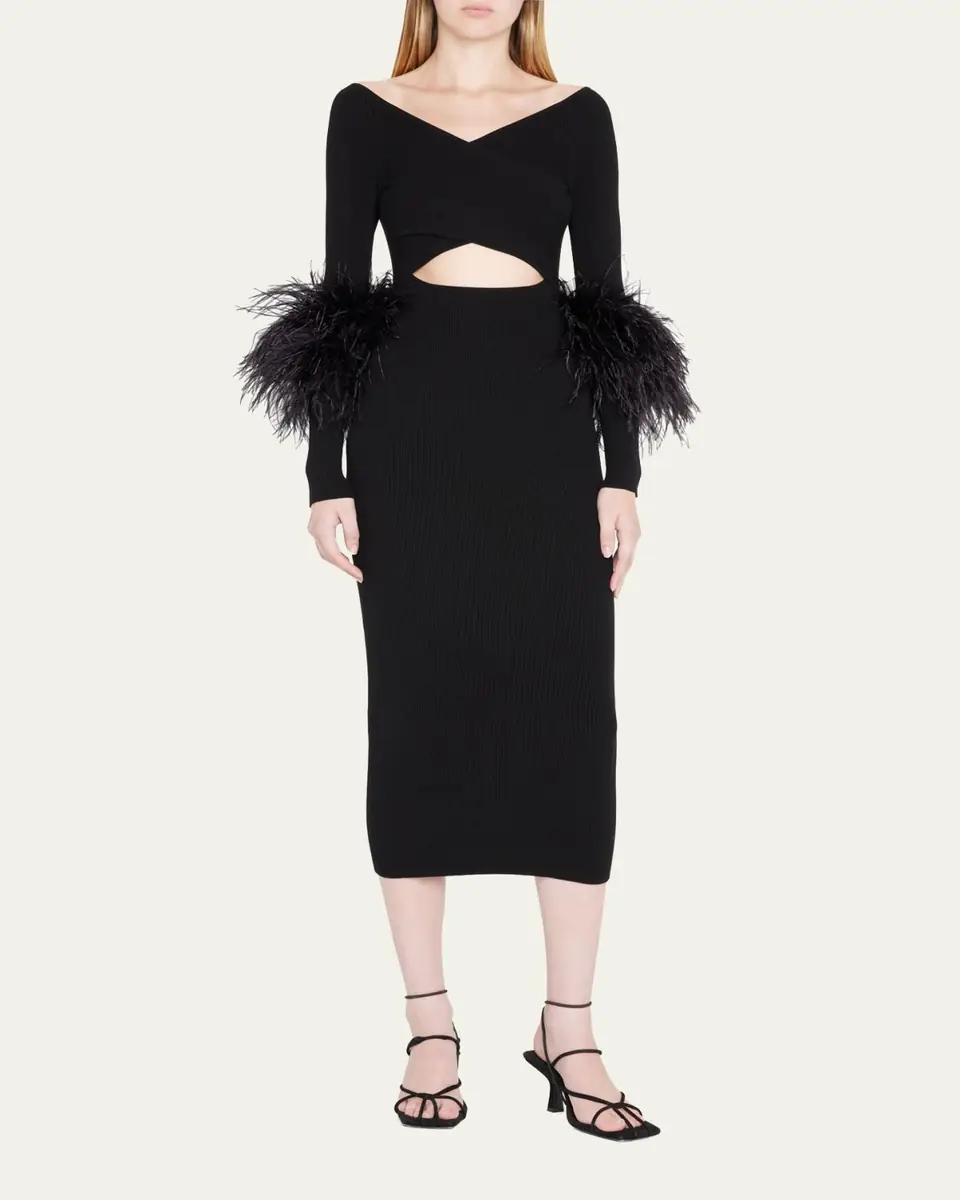 LAPOINTE Criss-Cross Cutout Midi Dress w/ Feather Trim | Thumbnail 6 LAPOINTE Criss-Cross Cutout Midi Dress w/ Feather Trim | Thumbnail 6