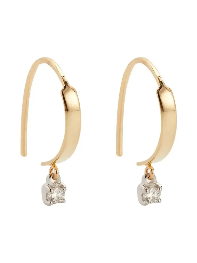 14K Gold Mini Flat Hooked on Hoop Earrings with Dangle Diamonds