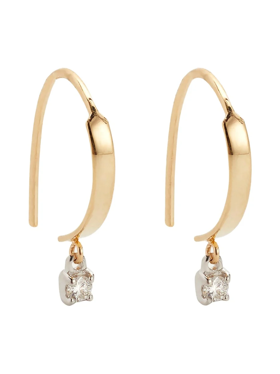 14K Gold Mini Flat Hooked on Hoop Earrings with Dangle Diamonds 14K Gold Mini Flat Hooked on Hoop Earrings with Dangle Diamonds