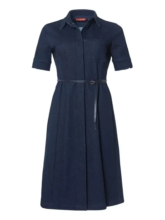 Kieran Denim Leather Belted Midi Dress Kieran Denim Leather Belted Midi Dress