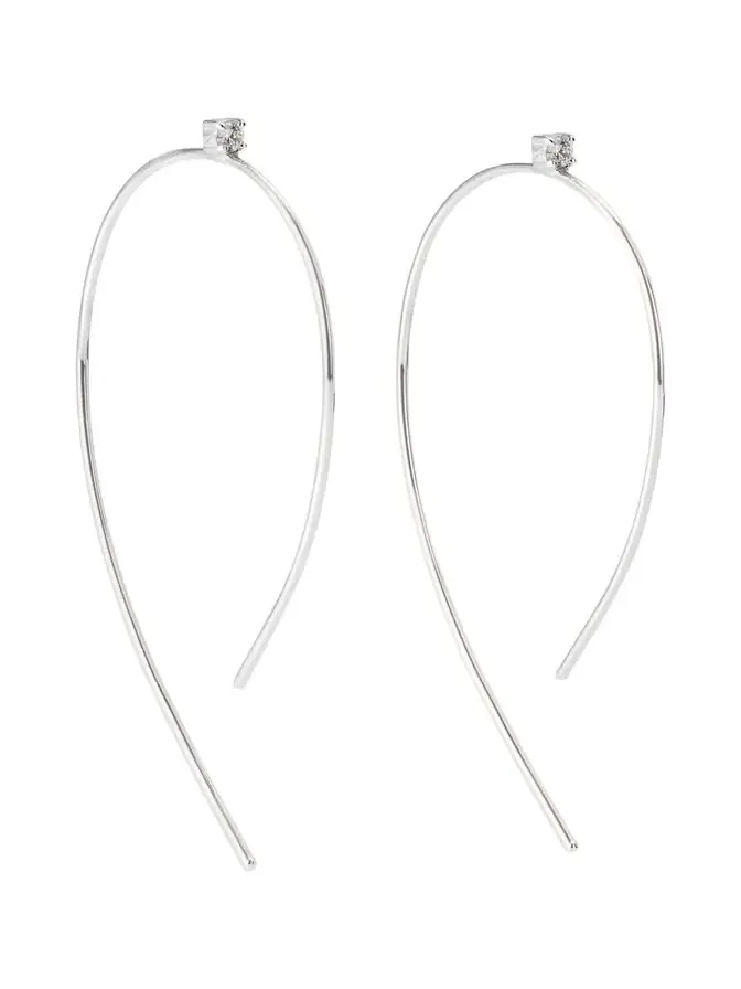 14K Gold Mini Wire Hooked On Hoop Earrings with Diamonds, 38mm
