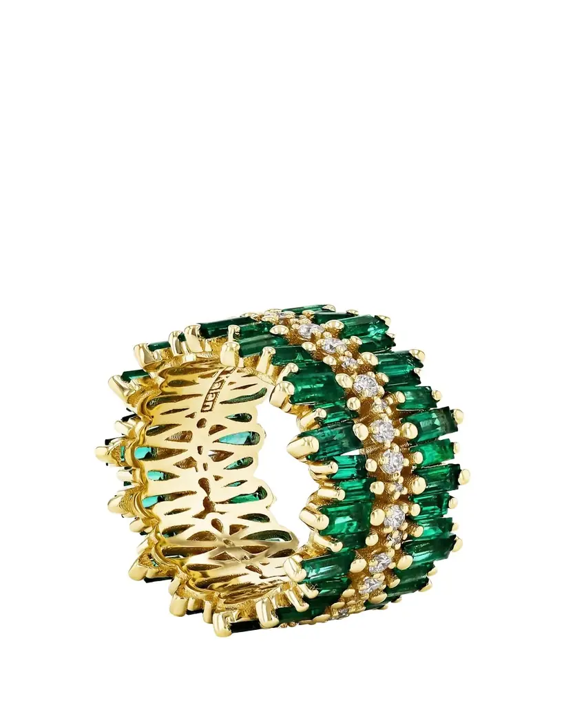 Suzanne Kalan 18K Yellow Gold Triple-Row Diamond and Emerald Eternity Band Ring | Image 1 Suzanne Kalan 18K Yellow Gold Triple-Row Diamond and Emerald Eternity Band Ring | Image 1