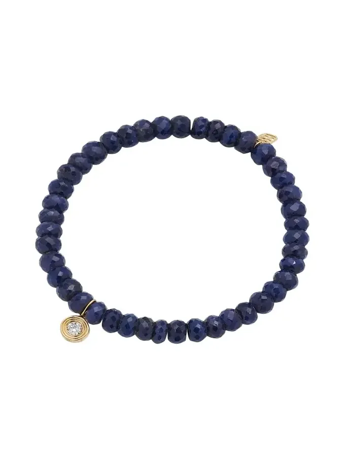 Sydney Evan 14K Gold Fluted Diamond Charm on Blue Sapphire Rondelle Bead Bracelet