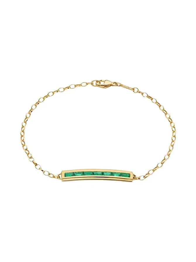 18K YELLOW GOLD POESY BRACELET WITH BAGUETTE EMERALDS AND ENGRAVED CARPE DIEM