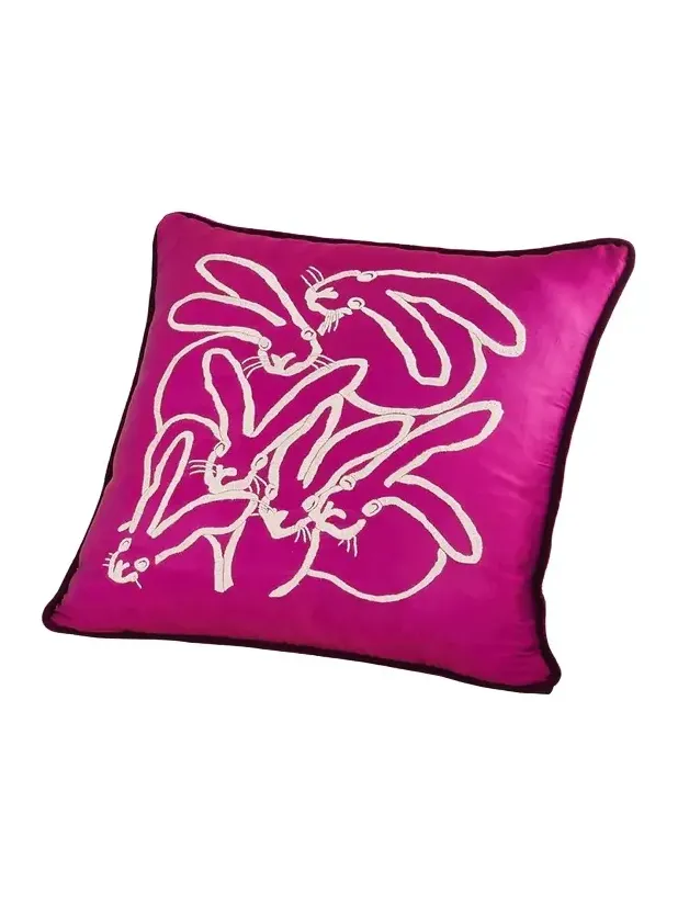 Hunt Slonem Hand Embroidered Silk Bunny Pillow