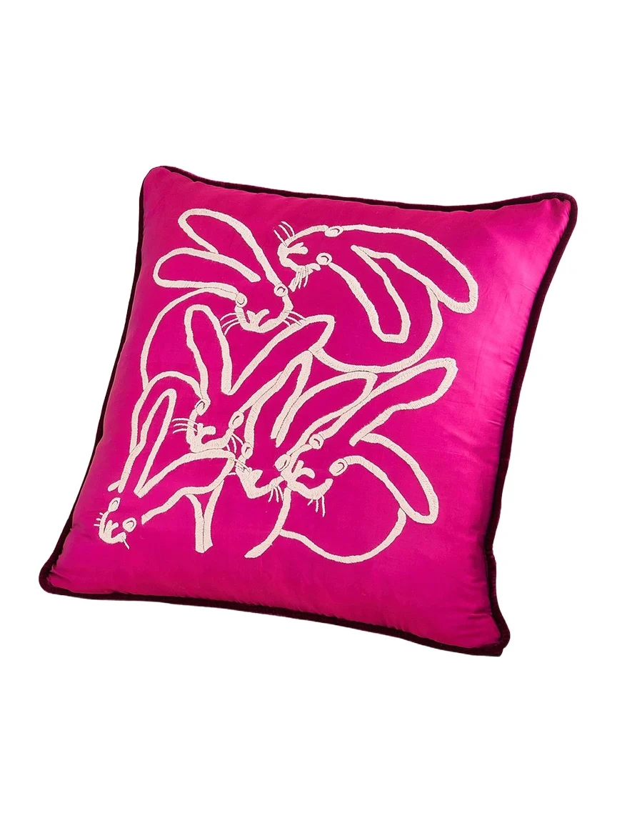 Hunt Slonem Hand Embroidered Silk Bunny Pillow