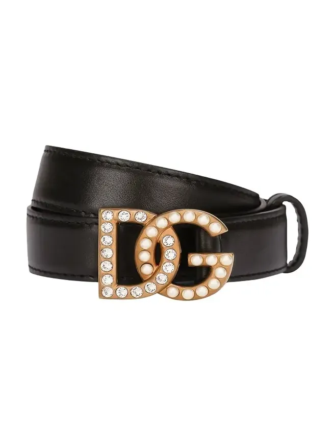 Embellished Pearly Interlocking DG Leather Belt
